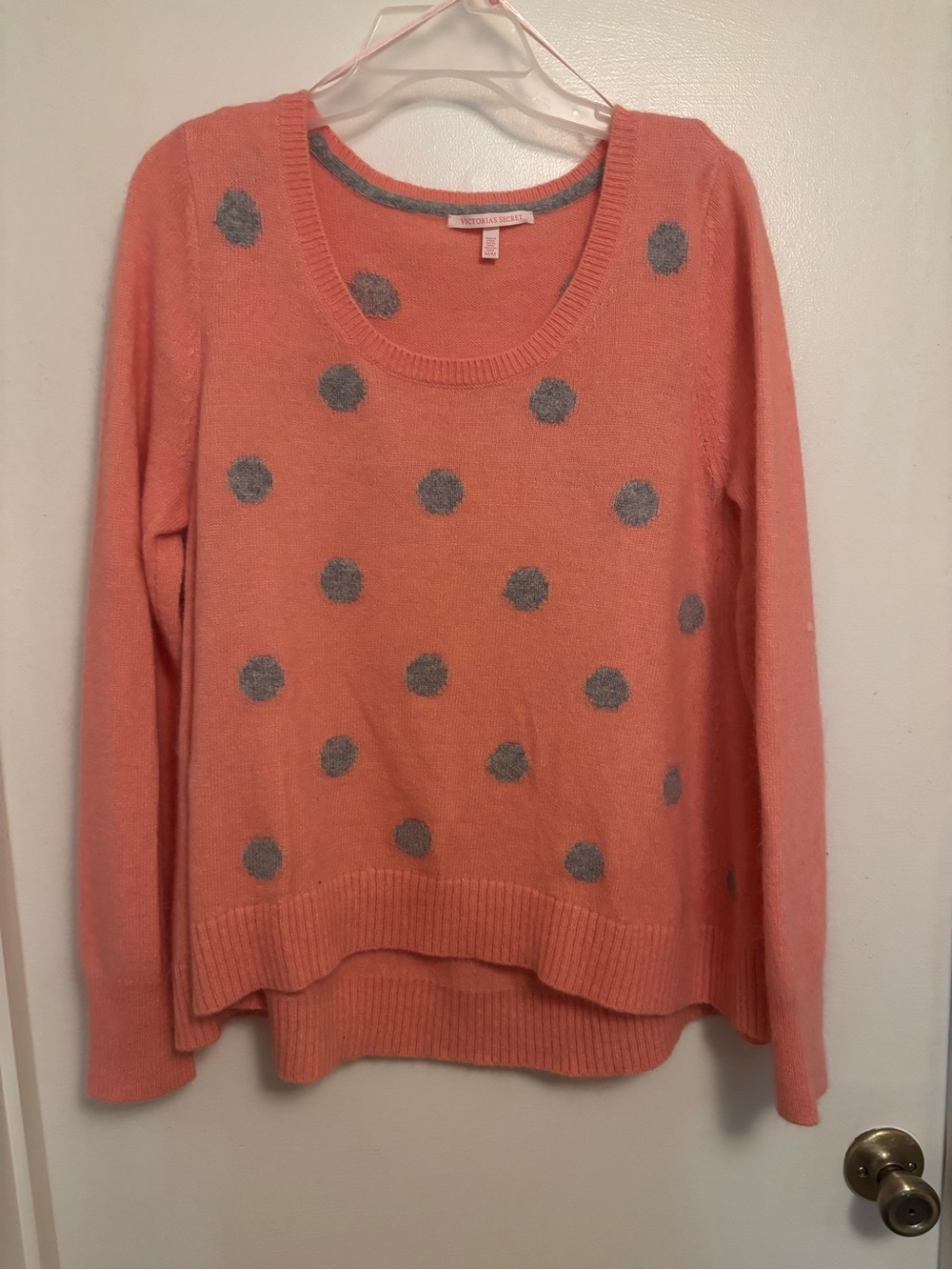 Victoria's Secret Coral Crewneck Sweater with Gray Polka Dots